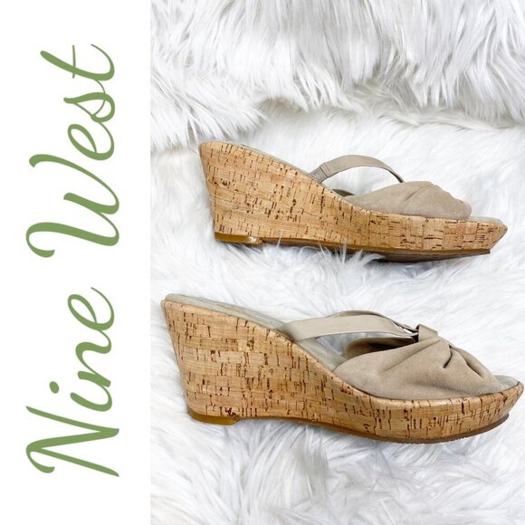 NINE WEST GELPIR SUEDE OPEN TOE CORK WEDGE SANDAL BEIGE NEUTRAL, SIZE 7 - Picture 2 of 9